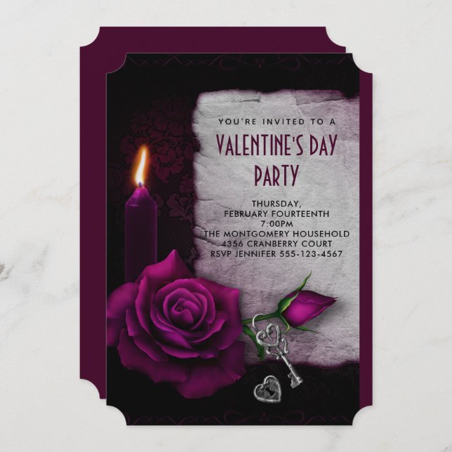 Invitación Velas góticas Rosas y Fiesta de San Valentín (Anverso / Reverso)
