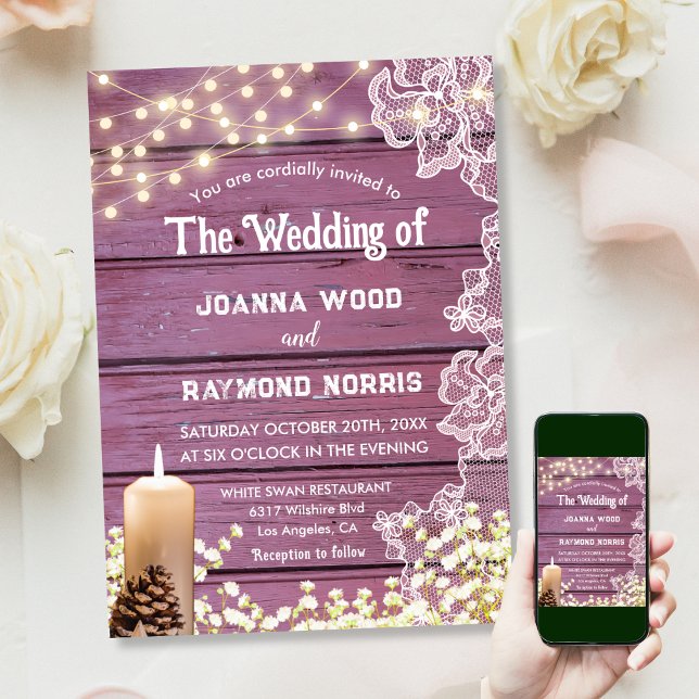 Invitación Velas y Boda púrpura Rústico de canas (Subido por el creador)