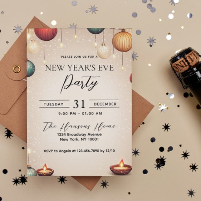 Invitación Velas y ornamentos Fiesta beige de Nochevieja (Subido por el creador)