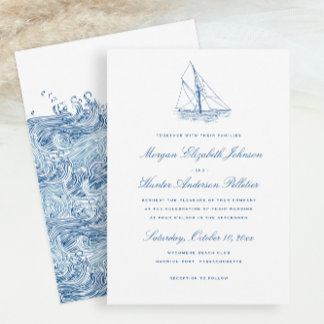 Invitación Velero y olas boda elegante azul marino