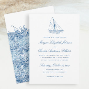 Invitación Velero y Olas Elegante Boda Azul Marino