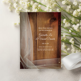 Invitación Velo de novia Barn Wood Country Wedding Save Date