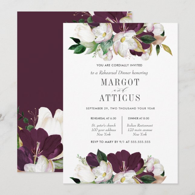 Invitación Velvet Magnolia Boda de flores ensayo Cena (Anverso / Reverso)