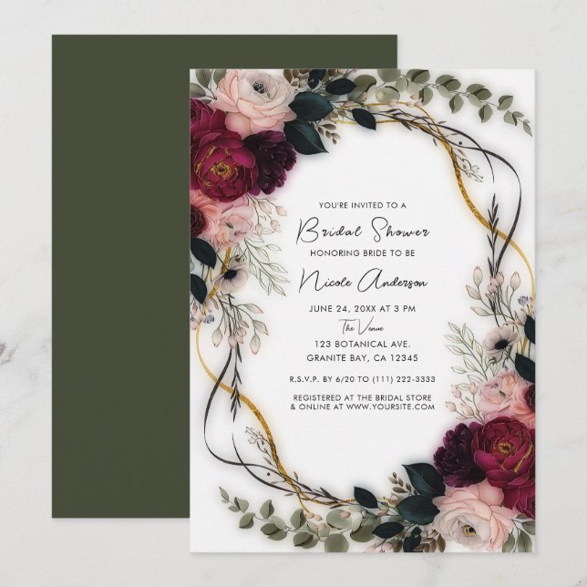 Invitación Velvet Plum Garden Floral Greenery Bridal Shower (Anverso / Reverso)