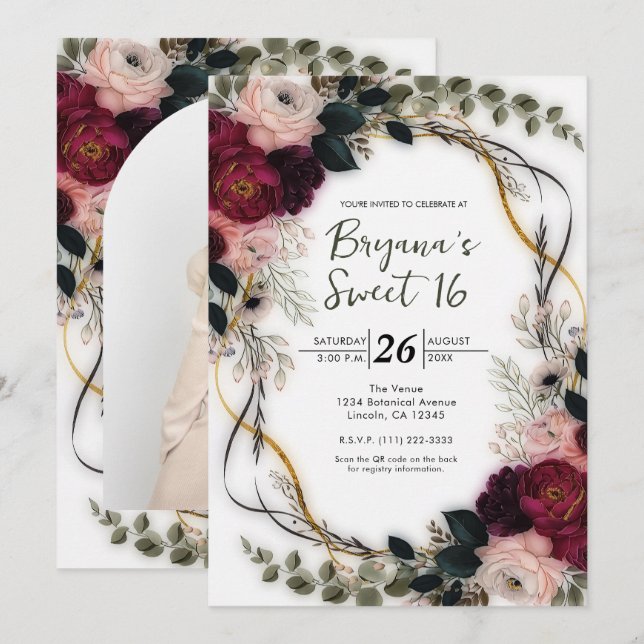 Invitación Velvet Plum Garden Floral Greenery Sweet 16 (Anverso / Reverso)