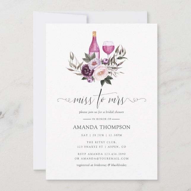 Invitación Velvet Profundo Floral Bridal Ducha De Vino Dosor  (Anverso)