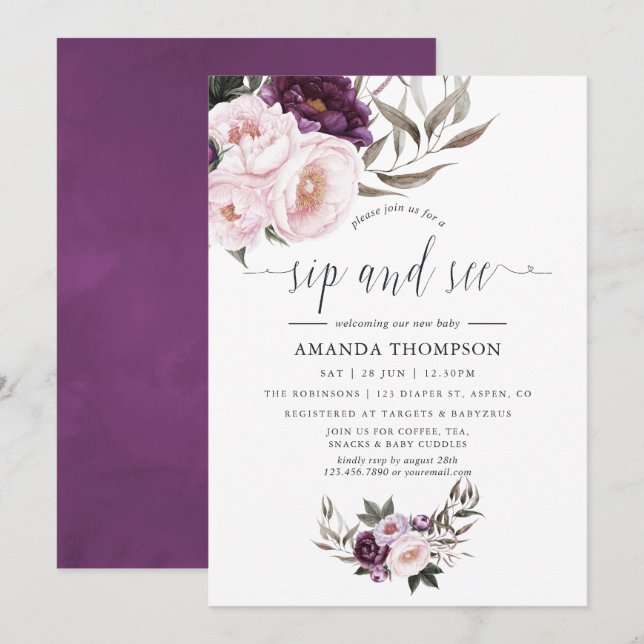 Invitación Velvet Profundo Floral Sip y Ver (Anverso / Reverso)
