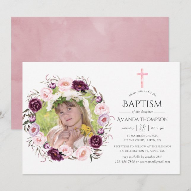 Invitación Velvet profundo y bautismo rosa de Bush o cristian (Anverso / Reverso)