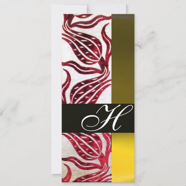 Invitación VELVET ROJO DAMASK TULIPS MONOGRAM Borgoña Amarill (Anverso)