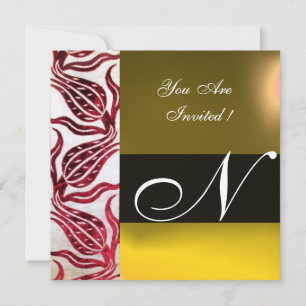 Invitación VELVET ROJO DAMASK TULIPS MONOGRAM Borgoña Amarill