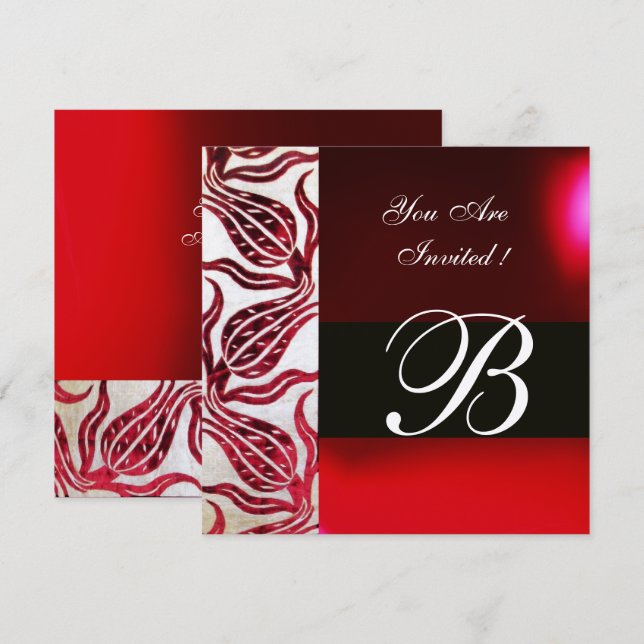 Invitación VELVET ROJO DAMASK TULIPS MONOGRAM Plata borgoña (Anverso / Reverso)