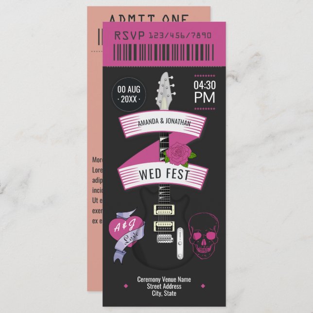 Invitación Velvet Thunder Rock ’n’ Roll Wedding Ticket (Anverso / Reverso)