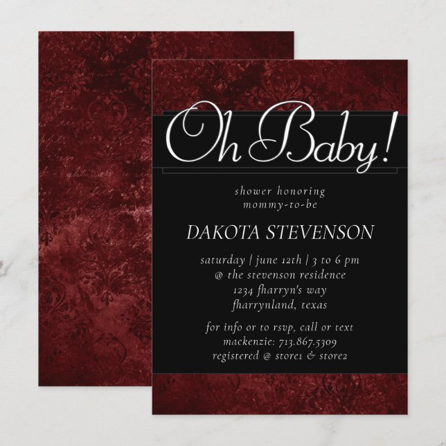Invitación Velvety Henna Damask | Crimson Red Baroque Oh Baby (Anverso / Reverso)