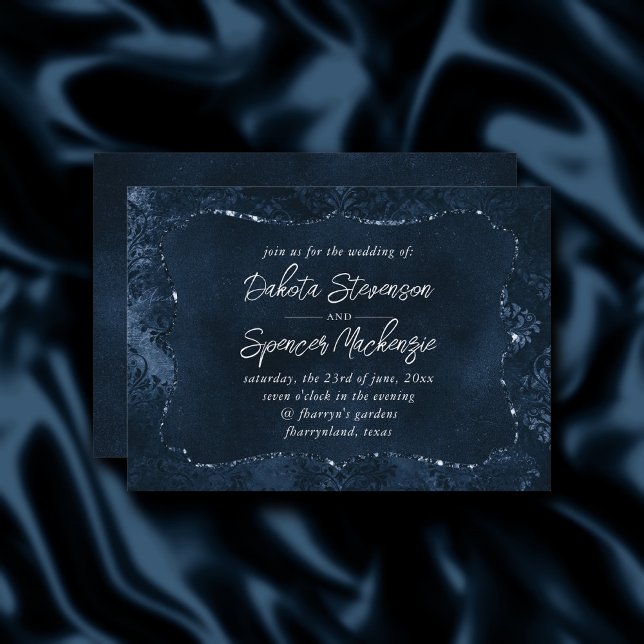 Invitación Velvety Navy Damask | Barroco azul oscuro (Subido por el creador)