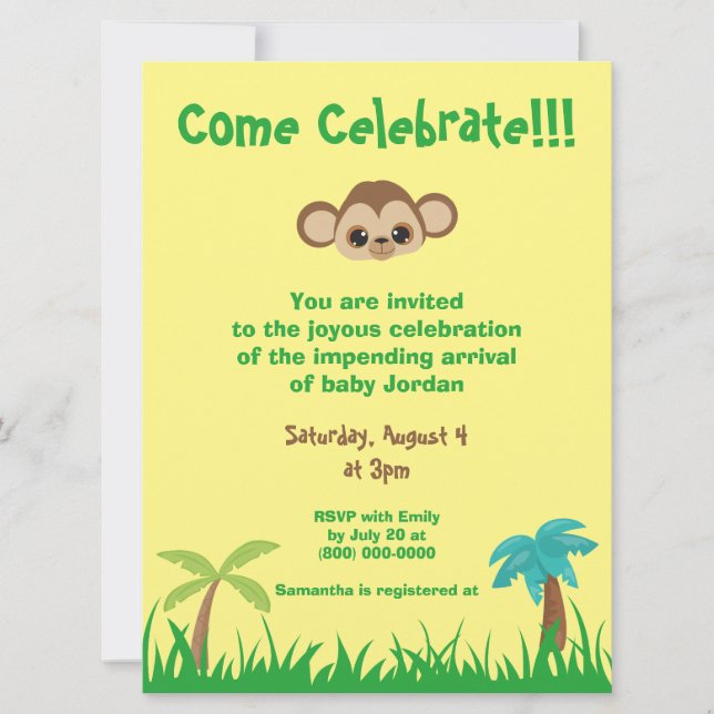 Invitación Ven a celebrar Baby Shower de mono neutral de géne (Anverso)