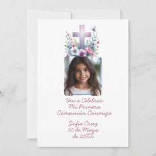 Invitación Ven a Celebrar Mi Primera Comunión con Foto Flores