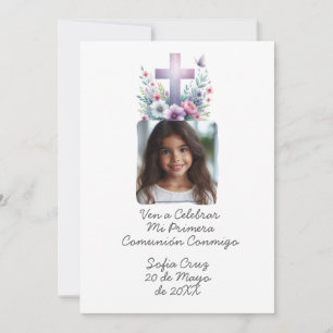 Invitación Ven A Celebrar Mi Primera Comunión con Foto Flores