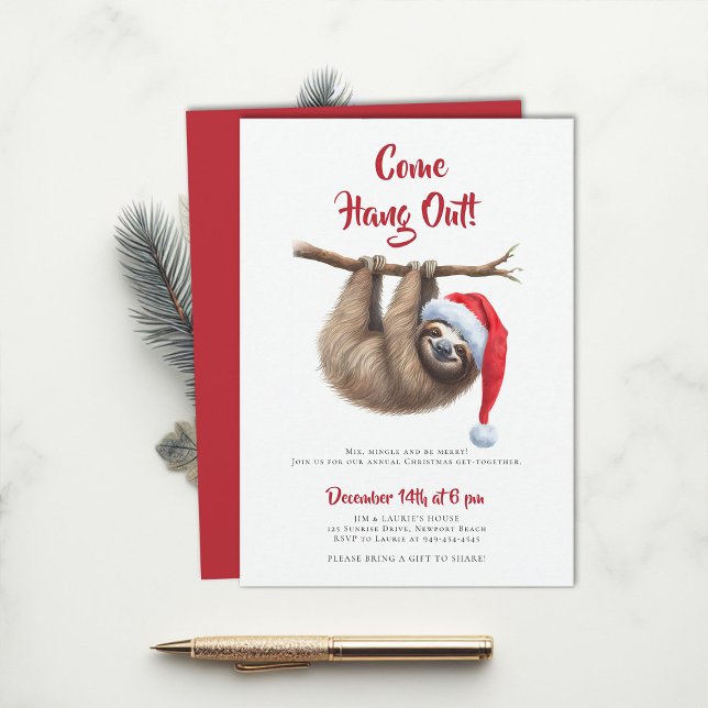 Invitación Ven a colgar a eslovaco Fiesta de Navidades divert (come hang out funny sloth christmas party invitation family winter holiday cute unique minimalist)