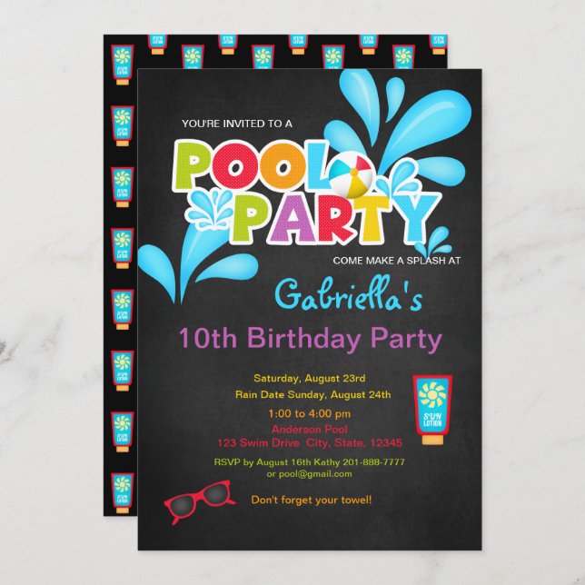 Invitación Ven a hacer un Splash Pool Fiesta Cumpleaños (Anverso / Reverso)