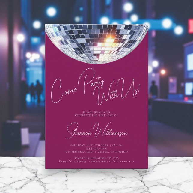Invitación Ven a la fiesta rosa  bola de discoteca moderna cu (Subido por el creador)