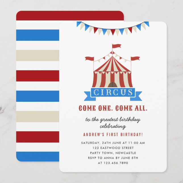 Invitación Ven a todos los niños del circo Fiesta de cumpleañ (Anverso / Reverso)