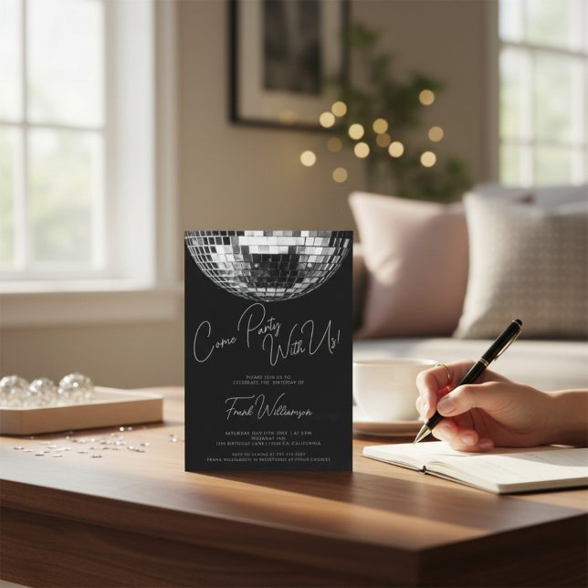 Invitación Ven fiesta moderna bola de disco negro cumpleaños (Subido por el creador)
