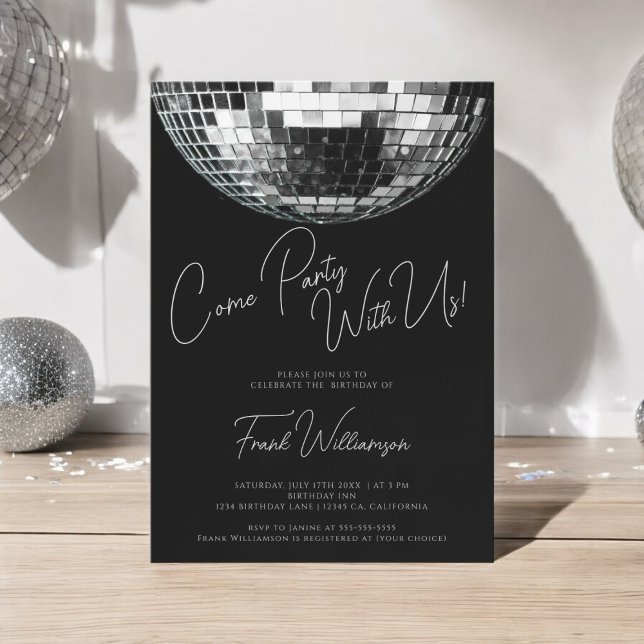 Invitación Ven fiesta moderna bola de disco negro cumpleaños (disco ball unisex birthday invitation , fully editable to suite your needs)