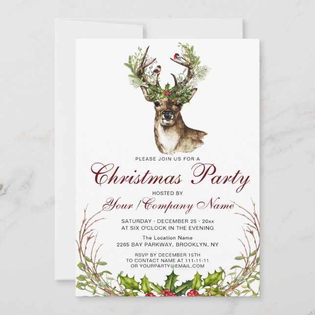 Invitación Venado acuarela, Fiesta de Navidades Birly Holly B (Anverso)