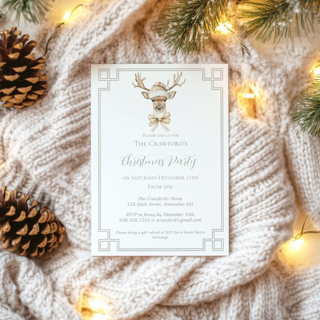 Invitación Venado con Navidades rústicos de Santa Hat (Deer with Santa Hat Country Christmas Invitation)