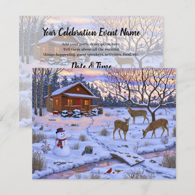Invitación Venado De Cabina De Invierno En Escena De Navidade (Anverso / Reverso)