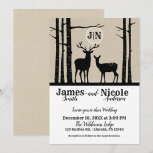 Invitación Venado Macho y Hembra Rústicos de Abedul Negro par