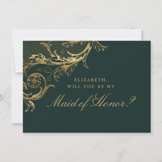 Invitación Vendimita de honor de Green Gold Floral Damask (Anverso)