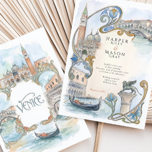 Invitación Venecia Italia Acuarela Monumentos Boda