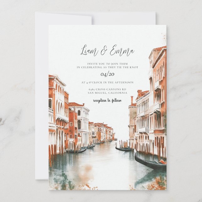 Invitación Venecia Italia Watercolor Vinatge Boda (Anverso)