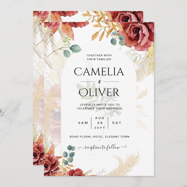 Invitación VENTA! Granja Boho Burgundy Gold Floral (Anverso / Reverso)