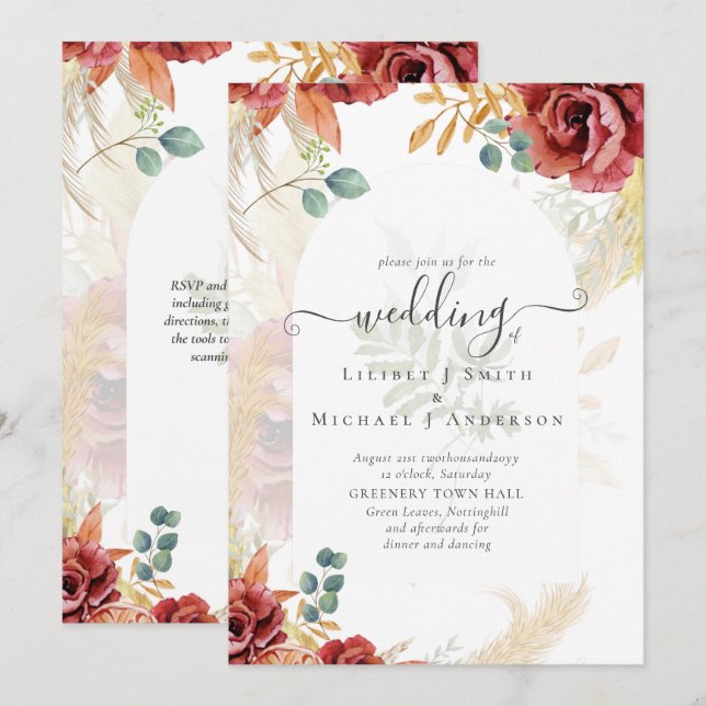 Invitación VENTA! Granja Boho Burgundy Gold Floral (Anverso / Reverso)