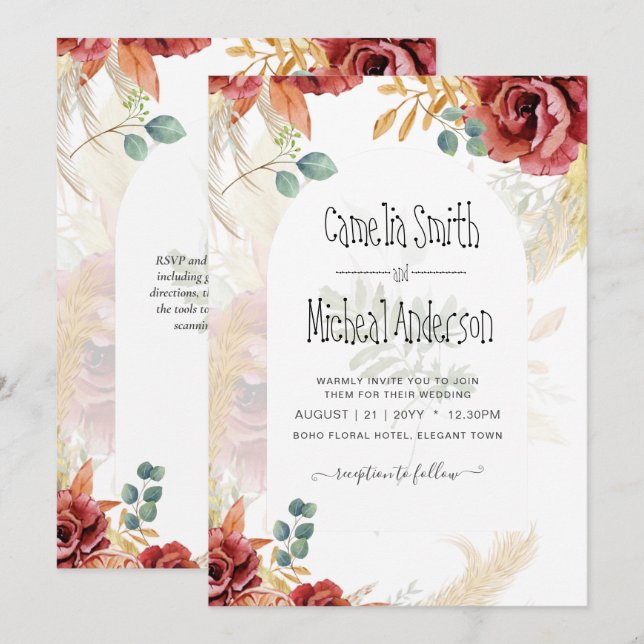 Invitación VENTA! Granja Boho Burgundy Gold Floral (Anverso / Reverso)