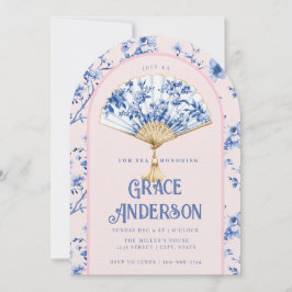 Invitación Ventilador Chinoiserie rosa y azul | Tea de novia