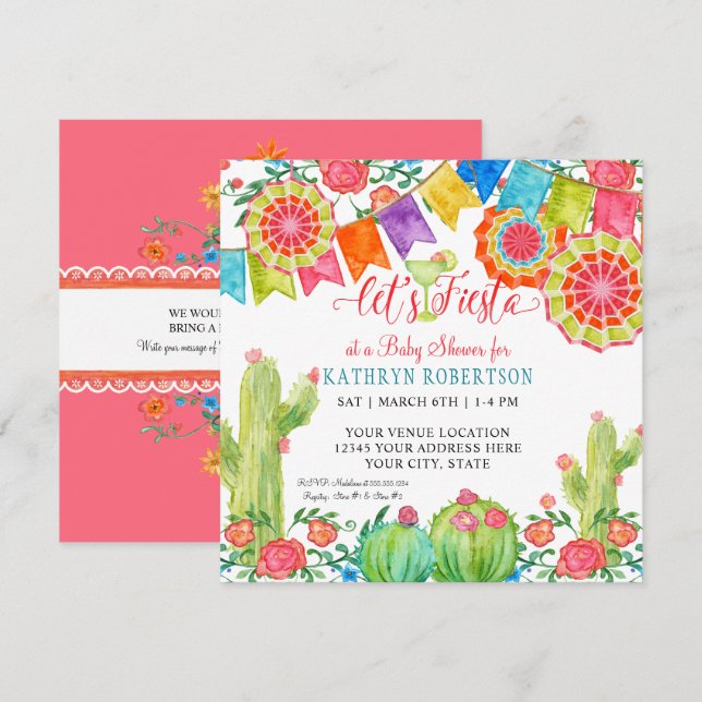 Invitación Ventilador de papel Chica de Fiesta Margarita Cact (Anverso / Reverso)