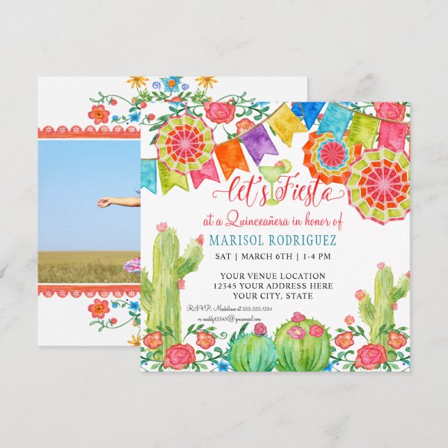 Invitación Ventilador de Papel de Fiesta Margarita Cactus Qui (Anverso / Reverso)