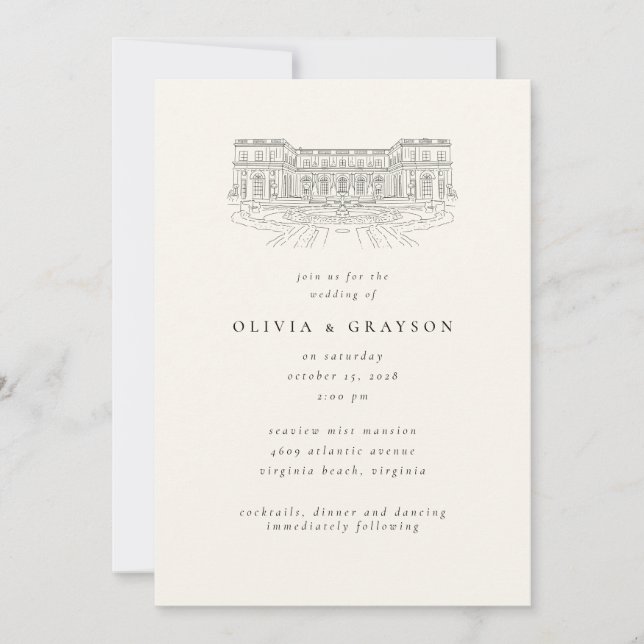 Invitación Venue Illustration Old Money Aesthetic, Wedding  (Anverso)