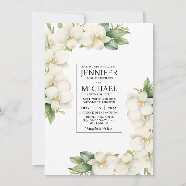 Invitación VER ATRÁS Orquídeas Blancas Boda Todo en Uno (Anverso)