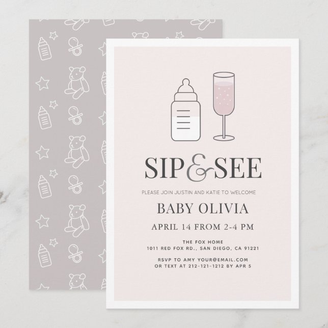 Invitación Ver Baby Shower rosa de la botella de champán (Anverso / Reverso)