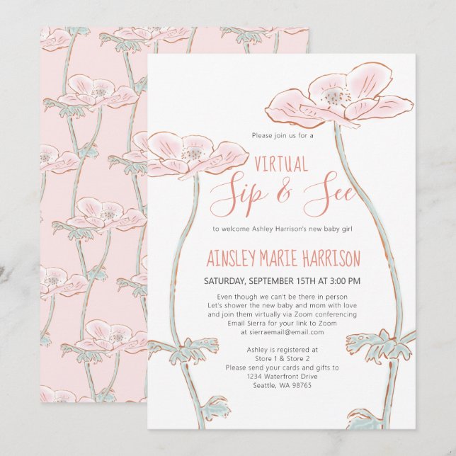 Invitación Ver Rubor Pink Baby Girl Virtual Baby Shower (Anverso / Reverso)