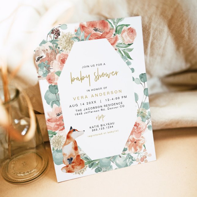 Invitación VERA Greenery & Terracotta Floral Fox Baby Shower (Subido por el creador)