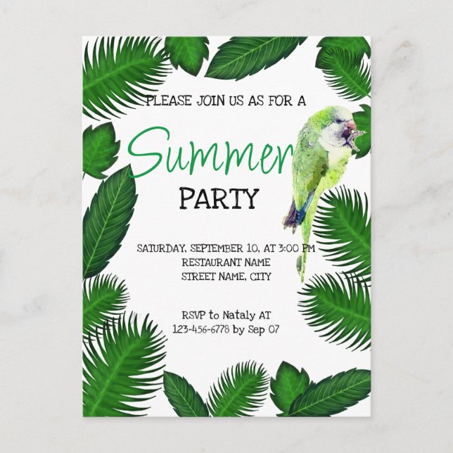 Invitación veraniega al loro verde y a las hojas d (Anverso)