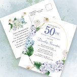Invitación veraniega de 50 cumpleaños de Hydrangea<br><div class="desc">Flores de hortensias azules y rosas de flores ruidosos decoran un marco oval dorado. Un botánico moderno abierto y aireado.</div>