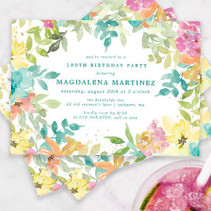 Invitación Verano acuarela Floral 100 cumpleaños