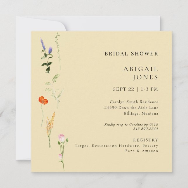 Invitación Verano acuarela Floral Amarillo ducha de novia (Anverso)