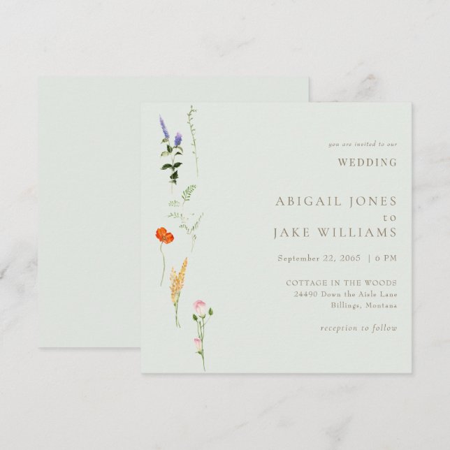 Invitación Verano acuarela Floral Sage Square Boda (Anverso / Reverso)